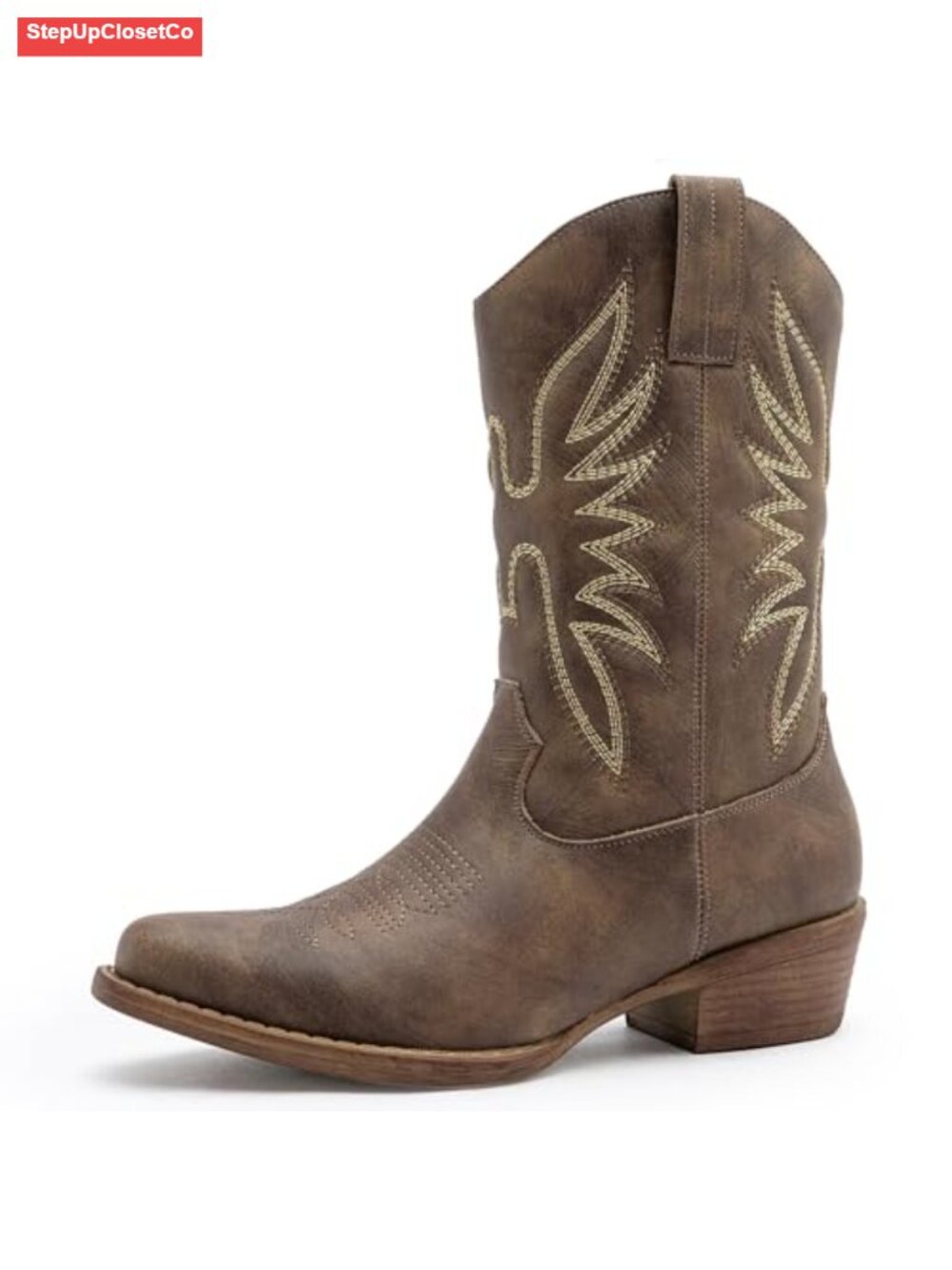 Women's Cowgirl Boots Square Toe Mid-Calf Faux Leather Western Embroidered Low